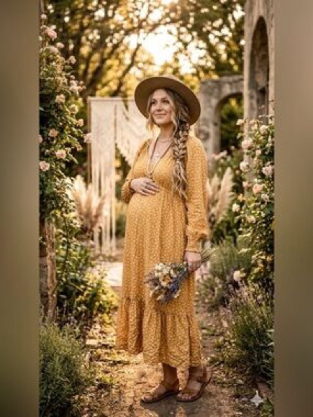Sonoma Maternity Mustard Floral Maxi Dress Boho Cottagecore Rayon Tie Back L